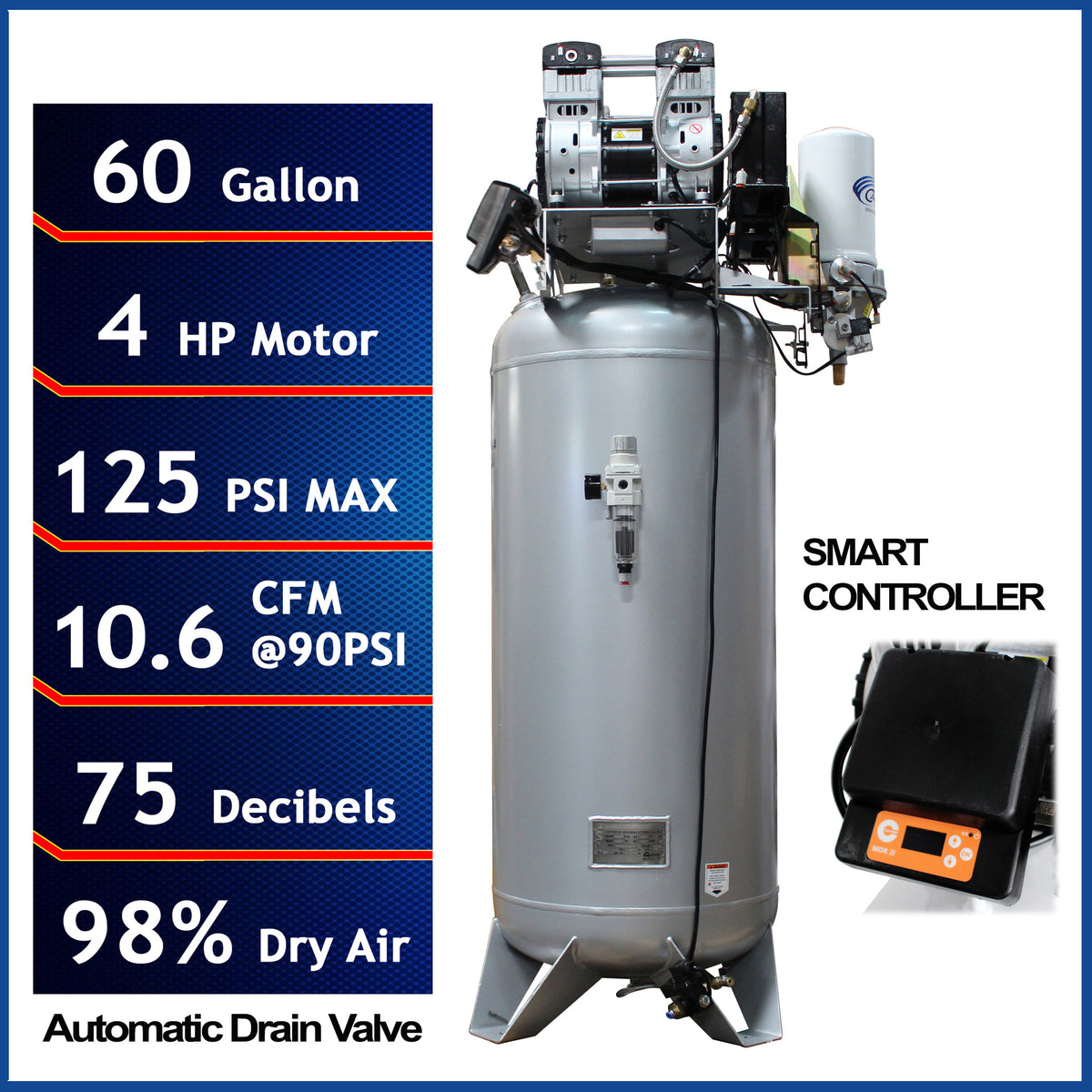 California Air Tools 60040DSMADC SMART Ultra Quiet & Oil-Free 4.0 HP 60 Gallon Air Compressor with 98% Air Dryer & Automatic Drain Valve – 220V