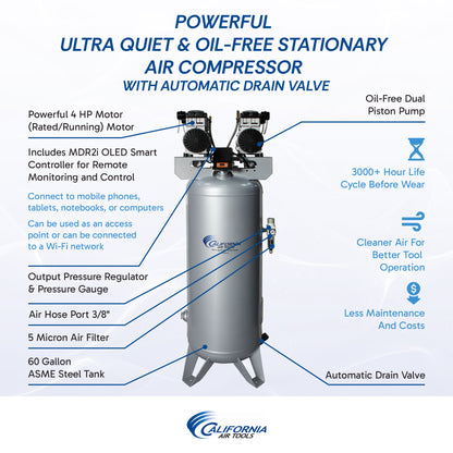California Air Tools 60040SMAD 4.0 HP SMART Ultra Quiet Oil-Free 60 Gallon Air Compressor with Automatic Drain