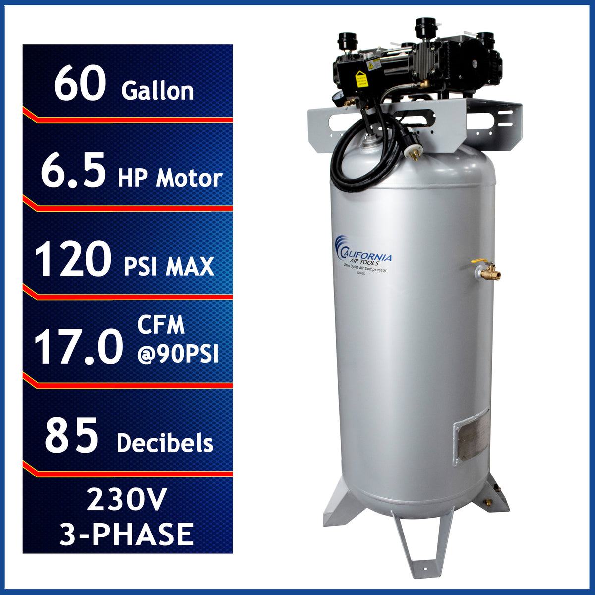 California Air Tools 60065C Ultra Quiet & Oil-Free 6.5 HP 60 Gallon ASME Air Compressor – 208/230V 3-Phase