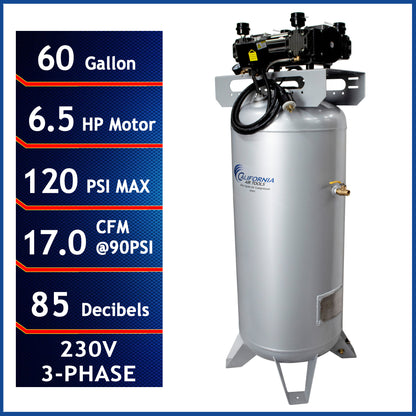 California Air Tools 60065C Ultra Quiet & Oil-Free 6.5 HP 60 Gallon ASME Air Compressor – 208/230V 3-Phase