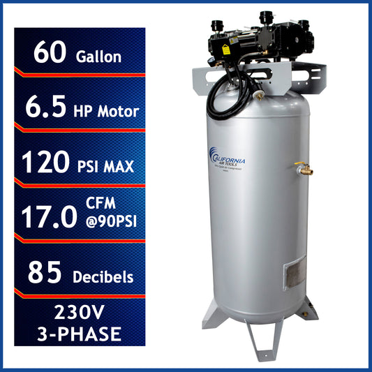 California Air Tools 60065C Ultra Quiet & Oil-Free 6.5 HP 60 Gallon ASME Air Compressor – 208/230V 3-Phase