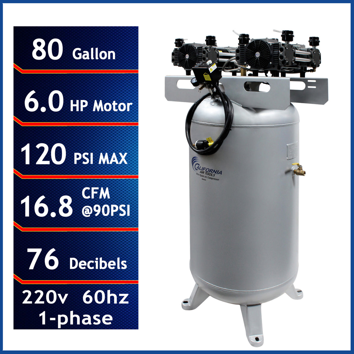 California Air Tools 80060C 6.0 HP Ultra Quiet Oil-Free 80 Gallon Stationary Air Compressor