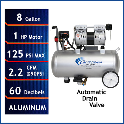 California Air Tools 8010AAD Ultra Quiet Oil-Free 1.0 HP 8-Gallon Aluminum Air Compressor with Automatic Drain Valve