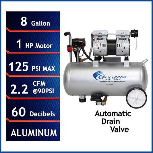 California Air Tools 8010AAD Ultra Quiet Oil-Free 1.0 HP 8-Gallon Aluminum Air Compressor with Automatic Drain Valve