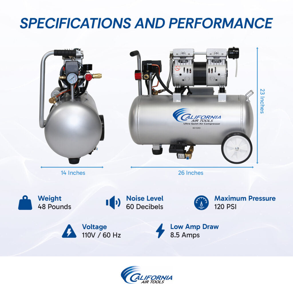 California Air Tools 8010AD Ultra Quiet Oil-Free 1.0 HP 8-Gallon Steel Air Compressor with Automatic Drain Valve