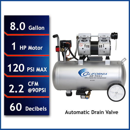 California Air Tools 8010AD Ultra Quiet Oil-Free 1.0 HP 8-Gallon Steel Air Compressor with Automatic Drain Valve