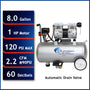 California Air Tools 8010AD Ultra Quiet Oil-Free 1.0 HP 8-Gallon Steel Air Compressor with Automatic Drain Valve