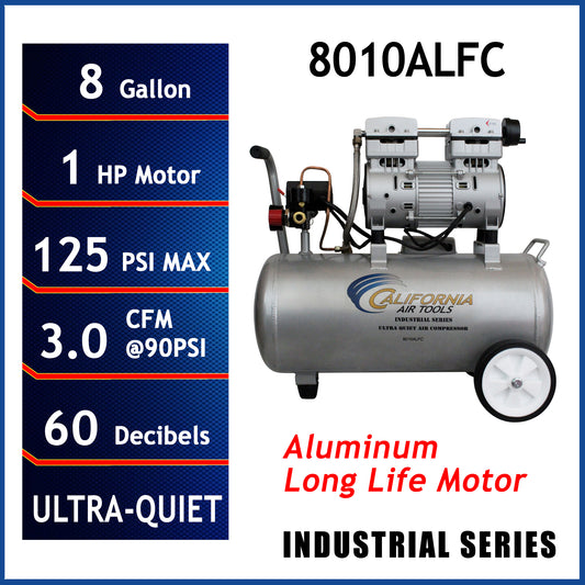 California Air Tools 8010ALFC Ultra Quiet 1.0 HP Oil-Free 8-Gallon Aluminum Air Compressor – Industrial Series