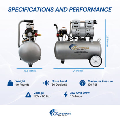 California Air Tools 8010ALFC Ultra Quiet 1.0 HP Oil-Free 8-Gallon Aluminum Air Compressor – Industrial Series