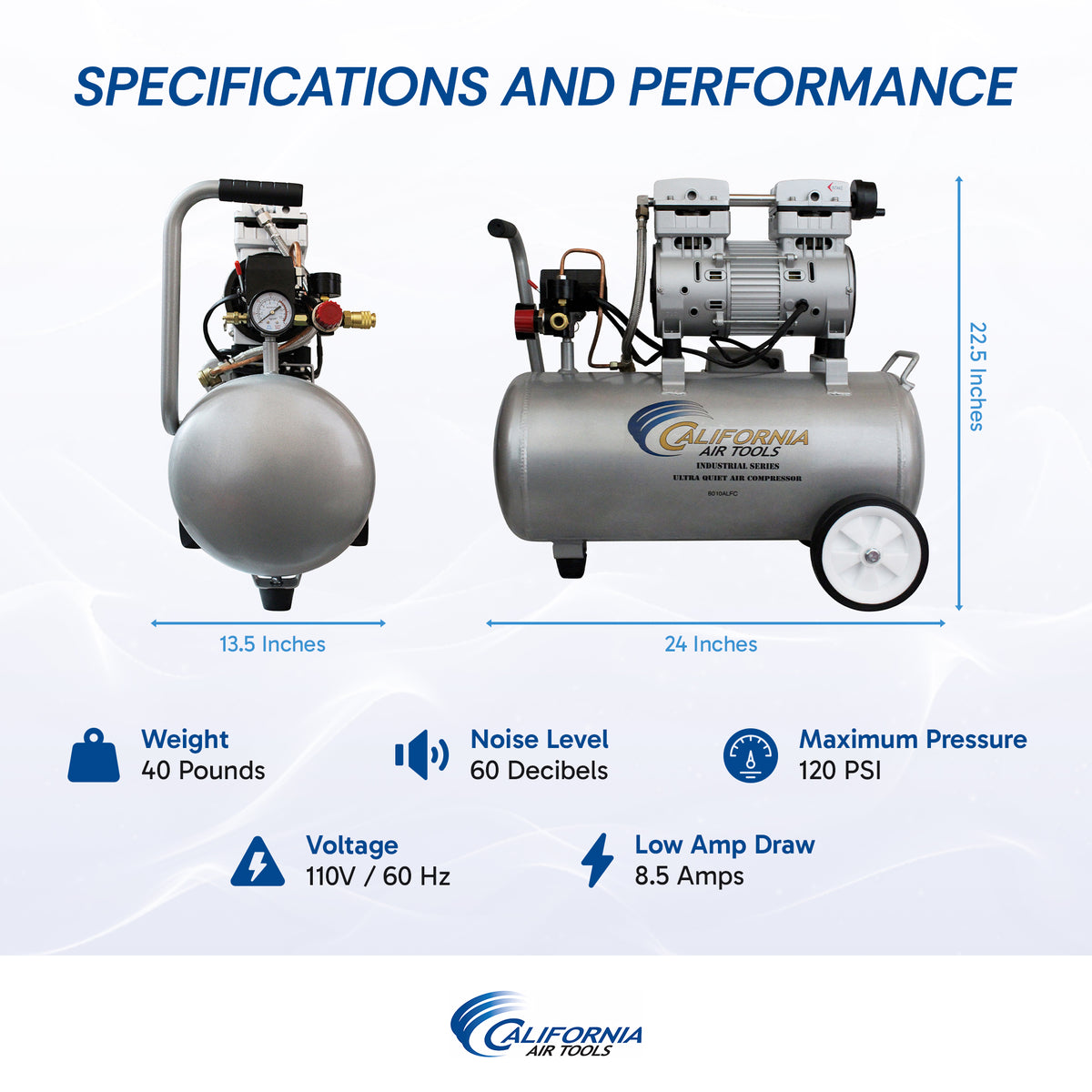California Air Tools 8010ALFC 1.0 HP Ultra Quiet Oil-Free 8 Gallon Aluminum Air Compressor