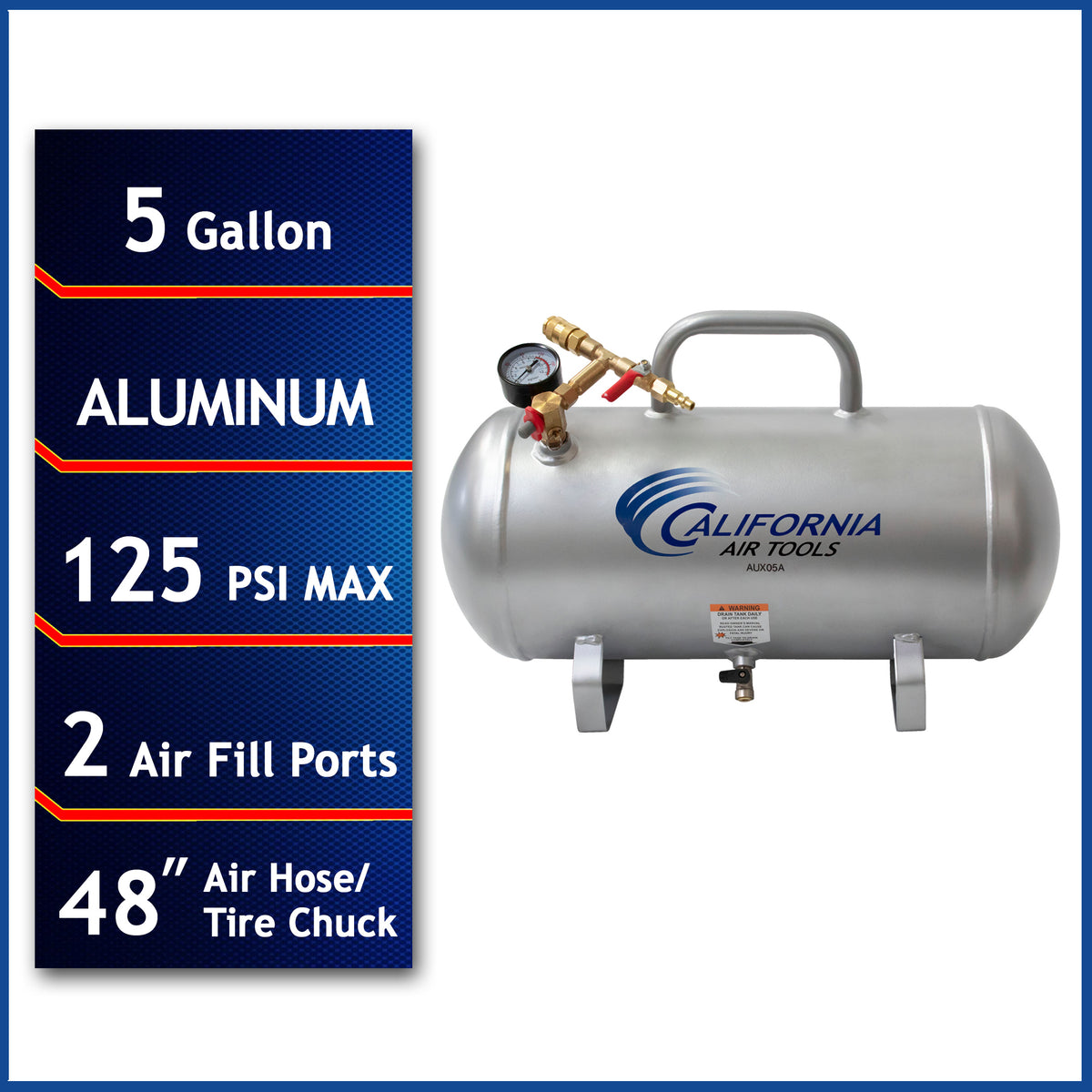 California Air Tools AUX05A 5 Gallon Aluminum Rust-Free Lightweight Auxiliary Air Tank – 125 PSI