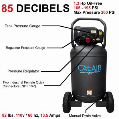 California Air Tools CALAIR-20013 1.3 HP High Pressure Oil-Free 20 Gallon Air Compressor, 200 PSI