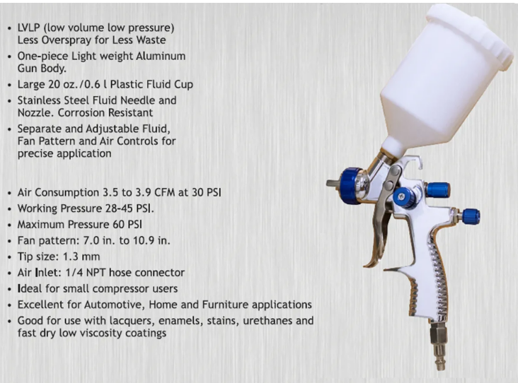 California Air Tools CAT-33000 LVLP Spray Gun with Gravity Feed Cup, 1.3mm Nozzle