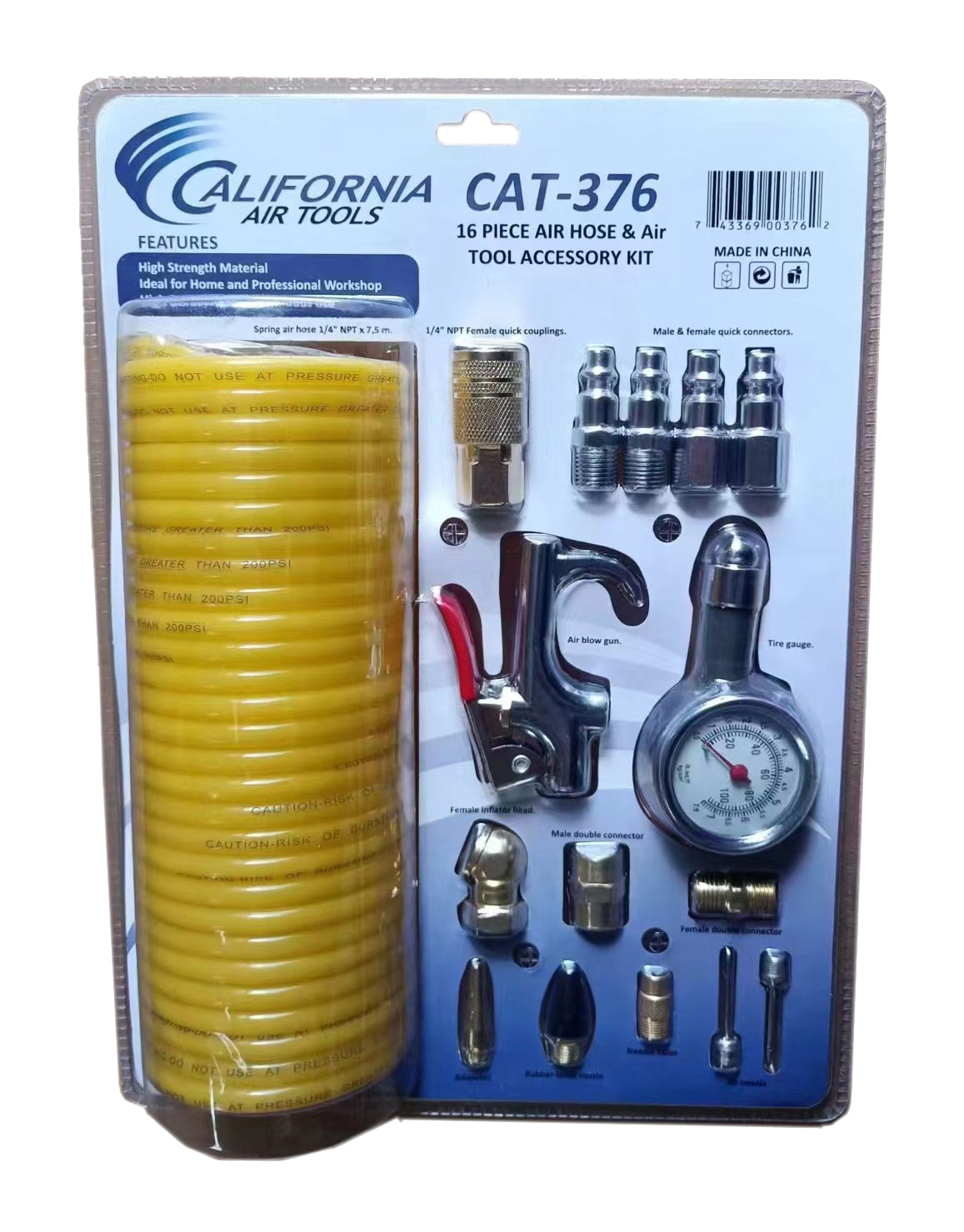 California Air Tools 376 16-Piece Air Hose & Air Tool Accessory Kit with Gauge