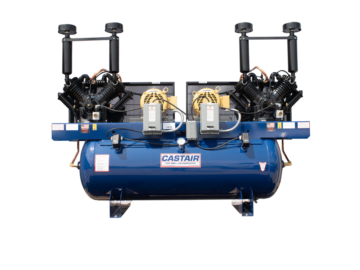 CASTAIR D7312HC2-S 15 HP Duplex Air Compressor – 120 Gallon Horizontal Tank, 56.2 CFM at 175 PSI, 3-Phase