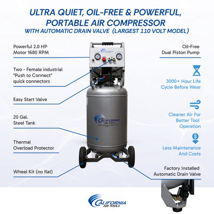 California Air Tools 20020AD Ultra Quiet 2.0 HP Oil-Free Portable 20 Gallon Air Compressor with Automatic Drain Valve