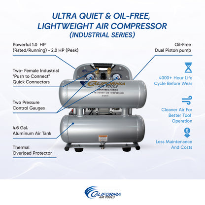California Air Tools 4610ALFC Ultra Quiet 1.0 HP Oil-Free Lightweight 4.6-Gallon Air Compressor – Industrial Series