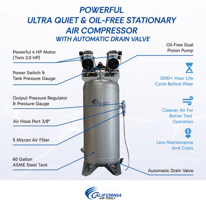 California Air Tools 60040CAD Ultra Quiet & Oil-Free 4.0 HP 60 Gallon ASME Air Compressor with Automatic Drain Valve – 220V