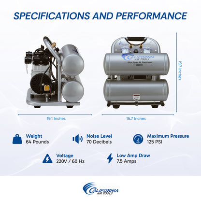 California Air Tools 4620AC-22060 Powerful 2.0 HP Ultra Quiet & Oil-Free 4.6 Gallon Air Compressor – 220V 60Hz